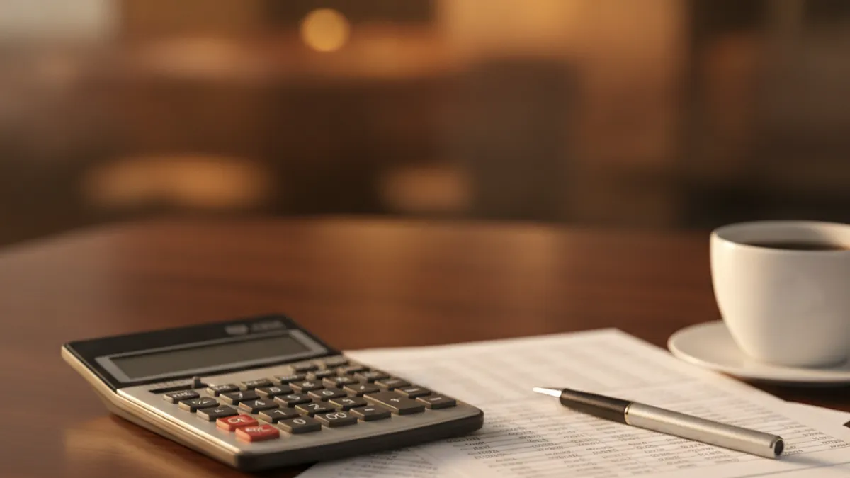 Analyst's desk with calculator and financial statements to calculate NOI and NIM for an income property