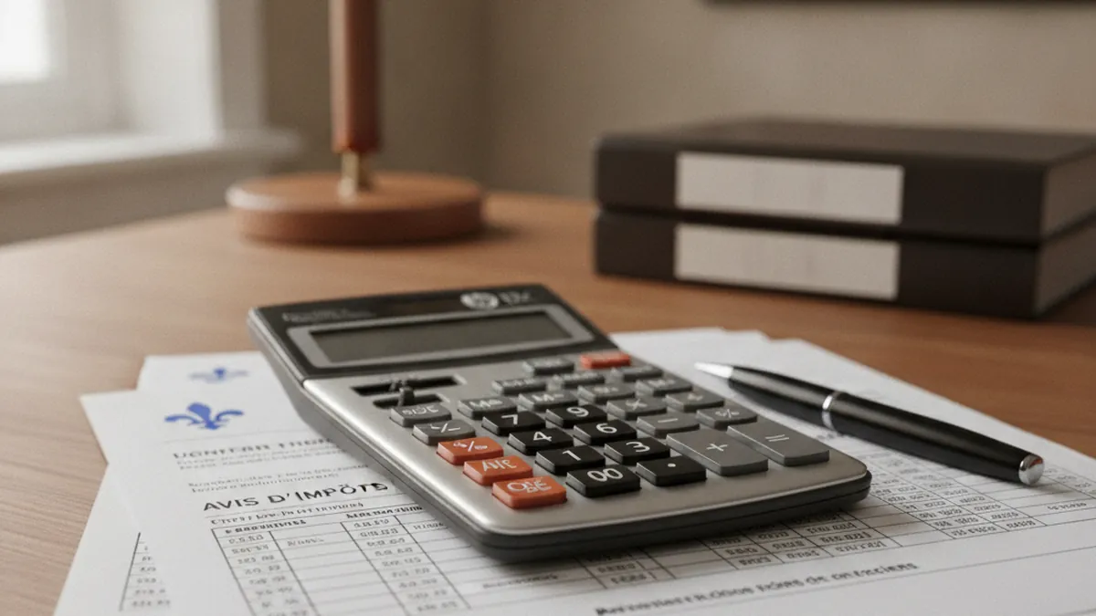Calculator and tax documents to estimate the transfer tax on an income property in Blainville in 2026