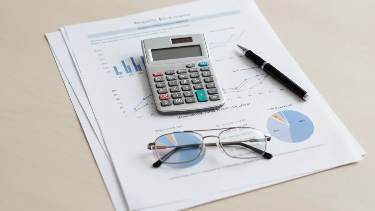 Financial calculator, sale documents and pen representing the calculation of broker's commission for a plex