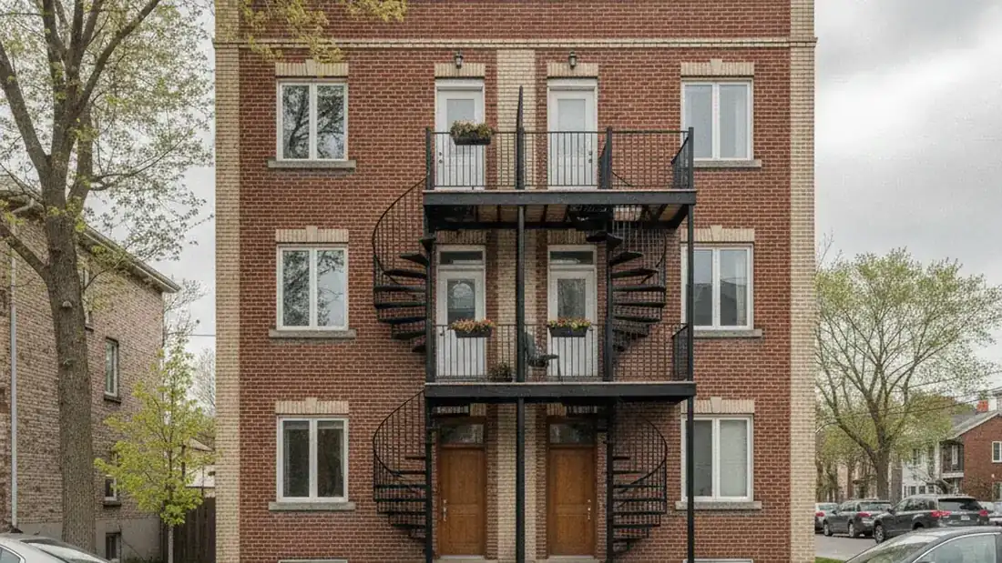 Façade d'un plex en brique sur la Rive-Nord du Québec dont le propriétaire fait face à un défaut hypothécaire