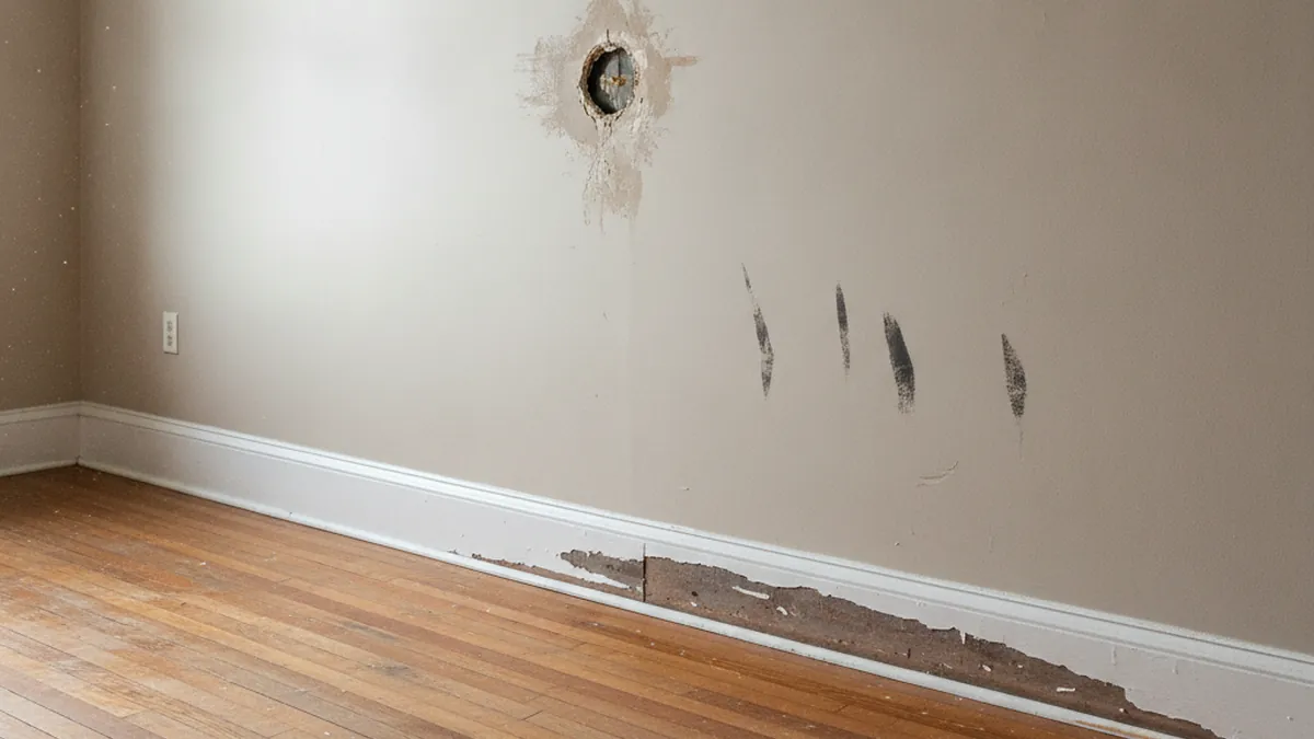 Mur abîmé et trou de réparation dans un logement de plex au Québec, dégâts causés par un locataire