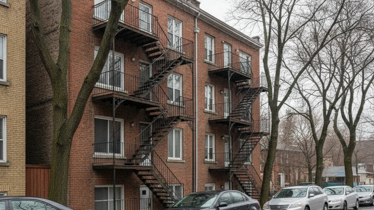 Facade of a brick plex on the North Shore of Quebec illustrating the gap between economic value and sale price of an income property