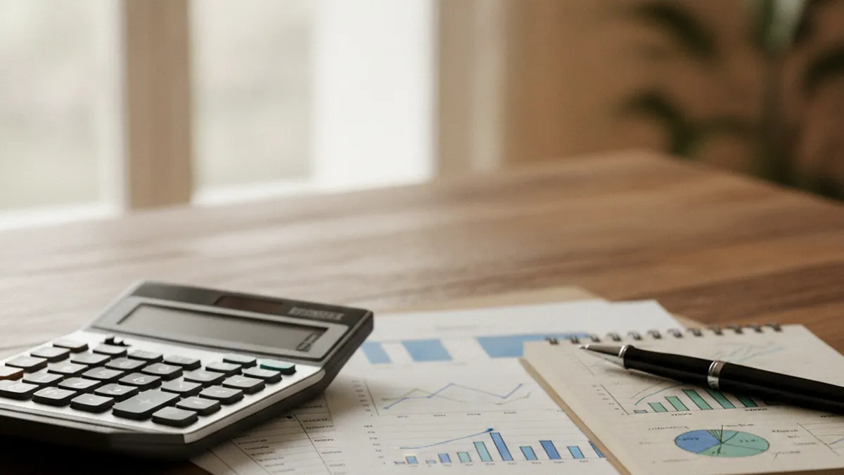 Calculator, rental income statements and pen on a desk for valuing a triplex
