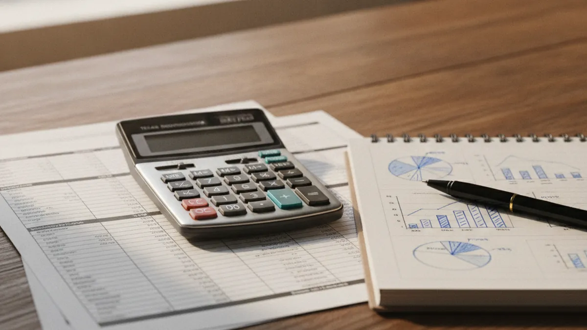 Calculator and rental income statements on a desk for evaluating a plex in Laval
