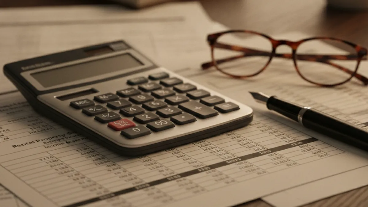 Investor desk with financial calculator, income and expense statements for valuing a plex using cap rate and GRM