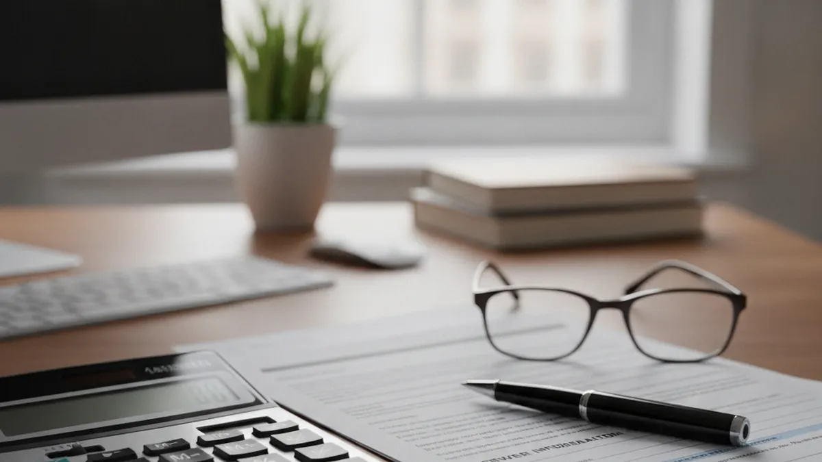 Lender's desk with calculator, mortgage documents and interest rates for rooming house financing