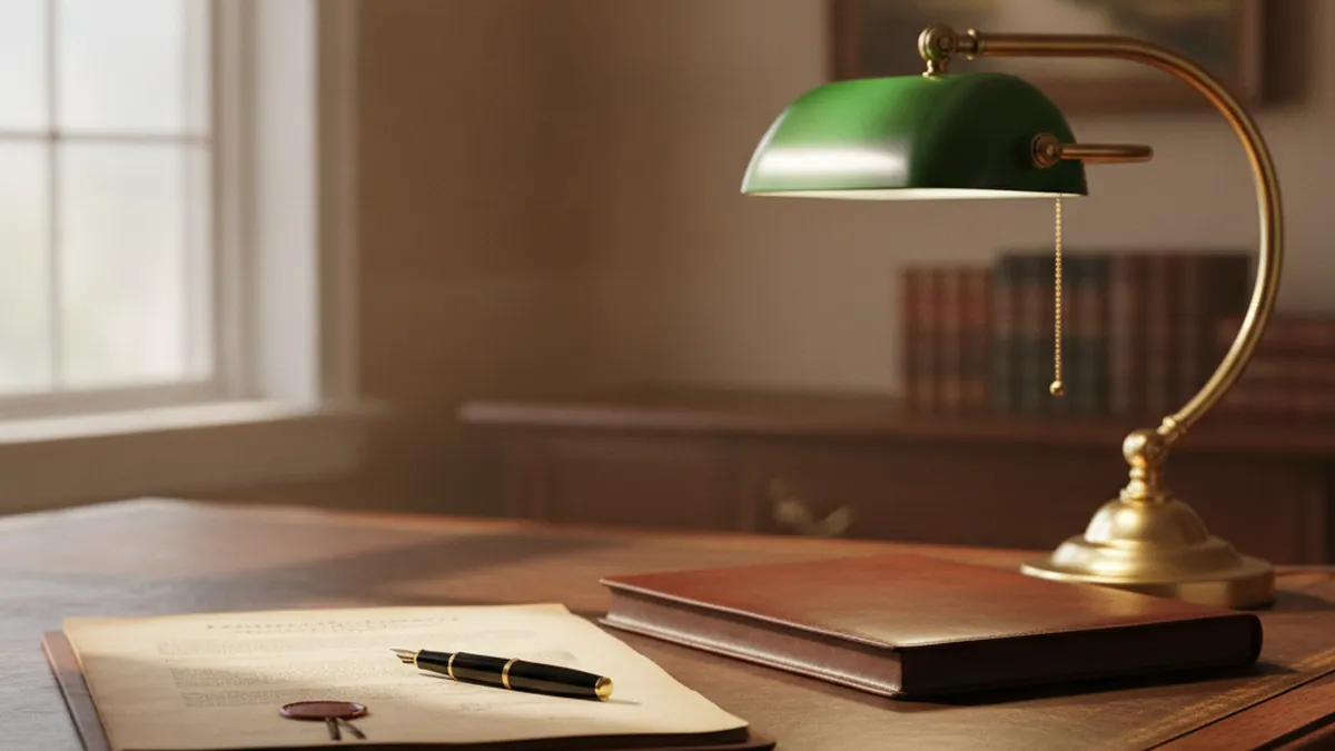 Notary office in Quebec with plex deed of sale, pen and legal documents for the transaction