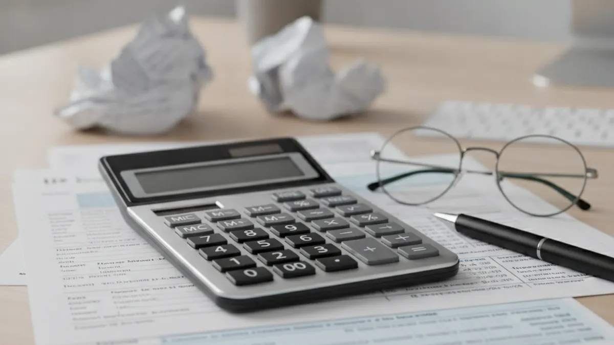 Calculator, financial statements and tax forms illustrating the capital gain on an inherited income property in Quebec