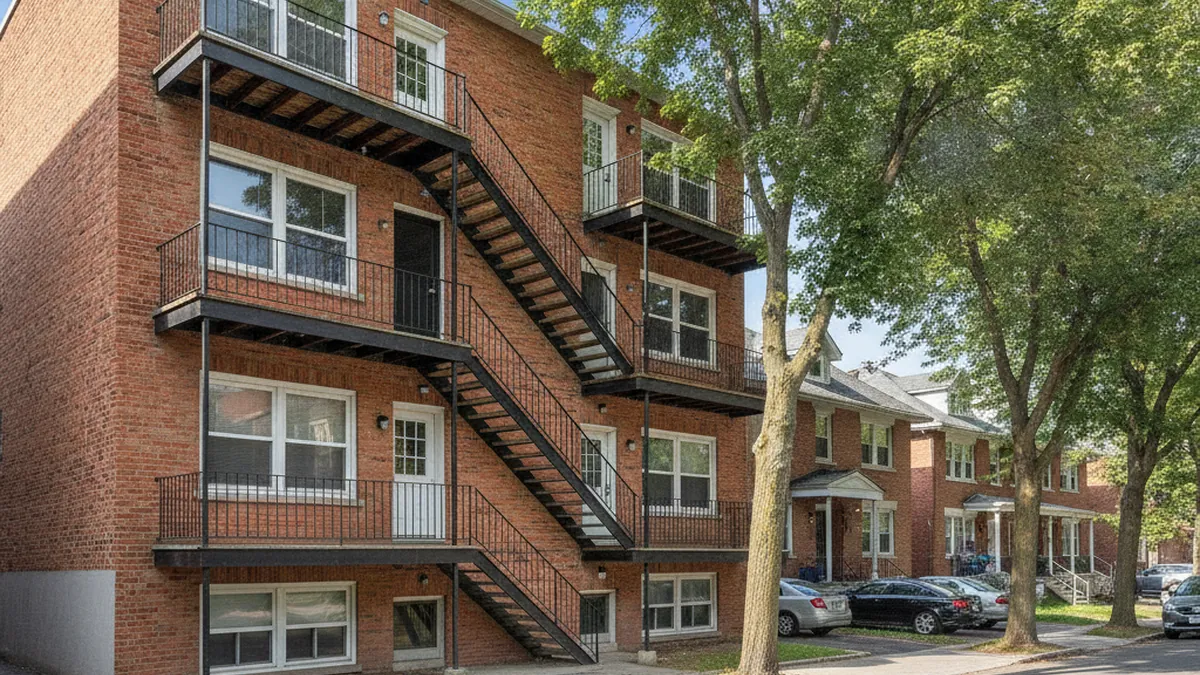 Facade of a brick 6-plex multiplex on the North Shore of Montréal, example of an income property in Québec