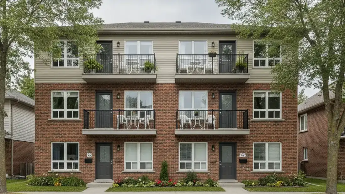 Facade of a multi-unit income property in Laval subject to municipal property taxes
