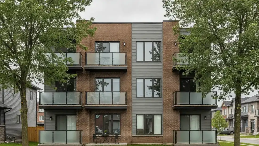 Facade of a multi-unit income property on the North Shore of Montreal in Mascouche subject to annual municipal property taxes