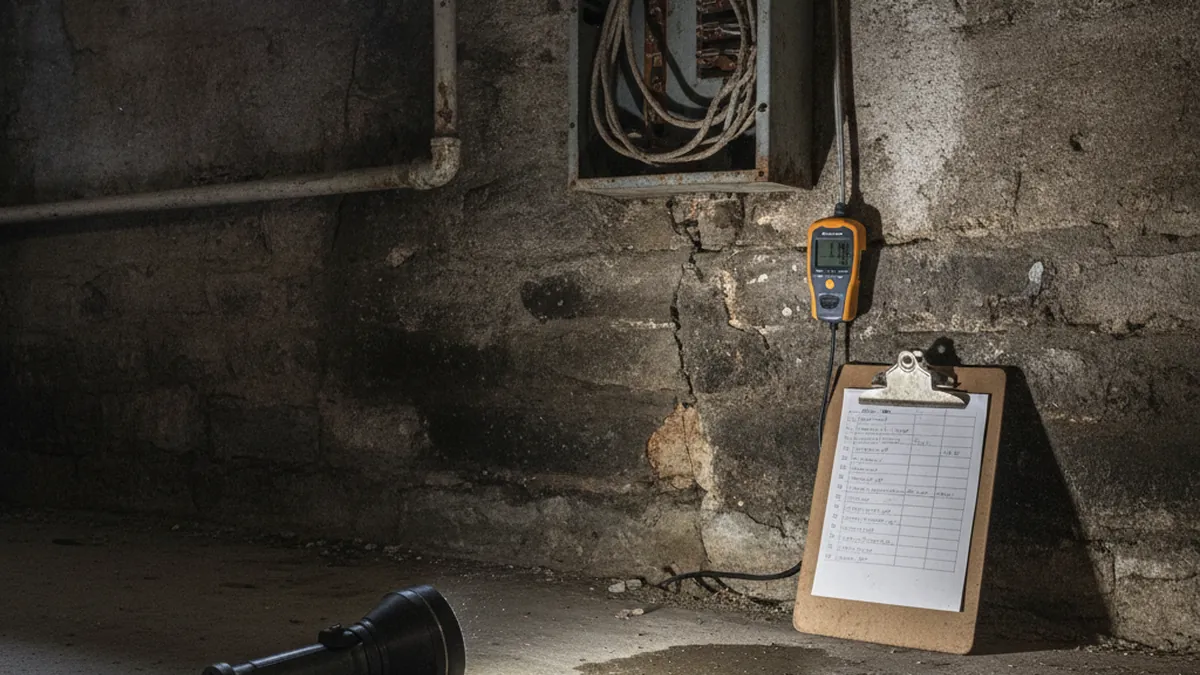 Building inspector examining the basement and foundations of an older plex on the North Shore with a flashlight and notepad