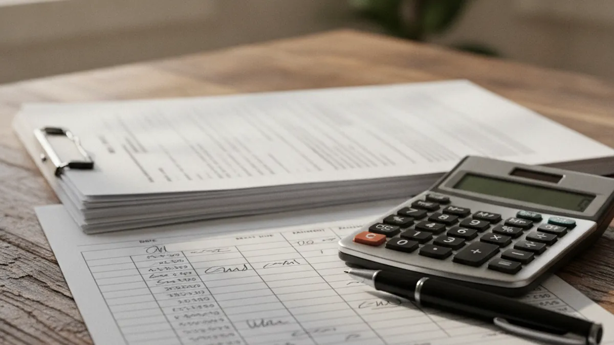 Lease and monthly rent statement on a table with a calculator analyzing below-market rents on a Quebec plex