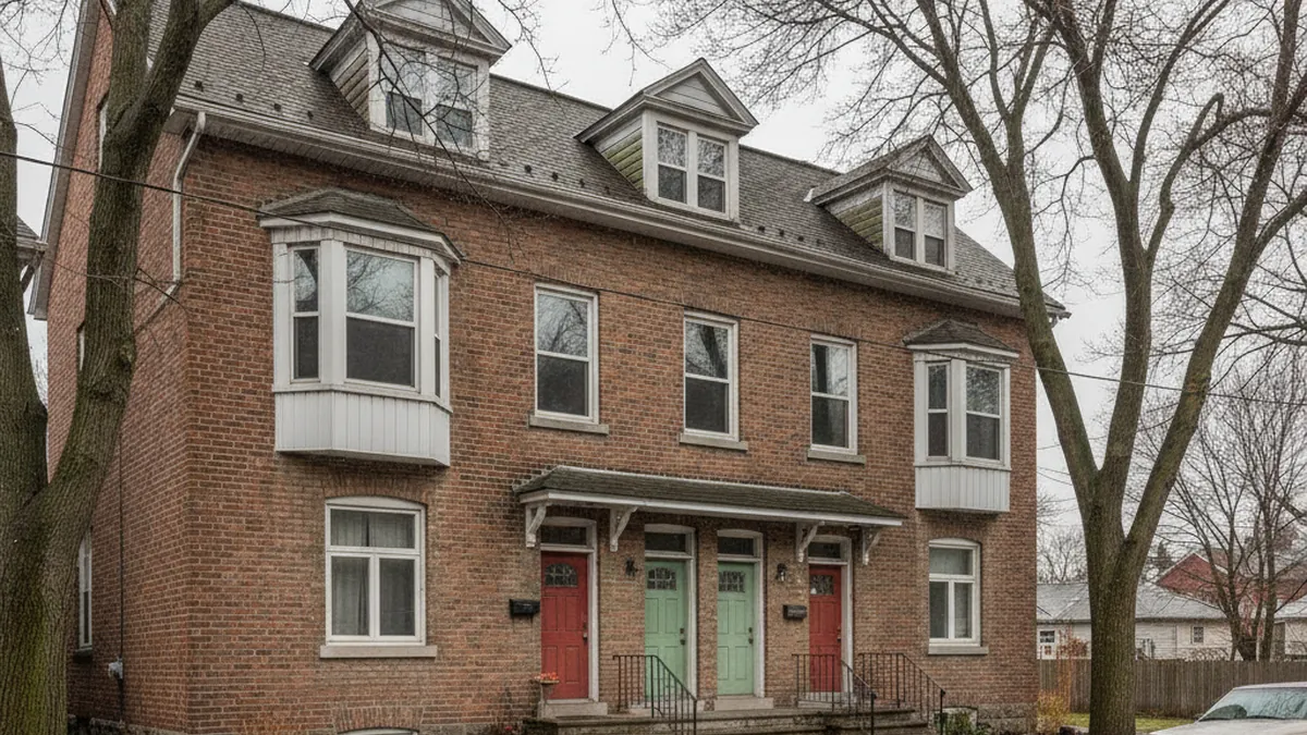 Brick rooming house facade on the North Shore of Québec with multiple entrances and rental windows