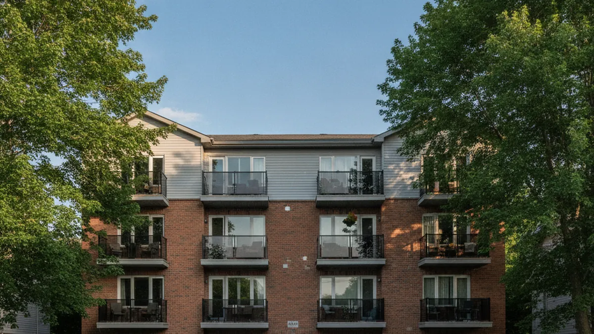 Multi-unit brick building on the North Shore of Quebec, symbol of an income property portfolio built in a mastermind