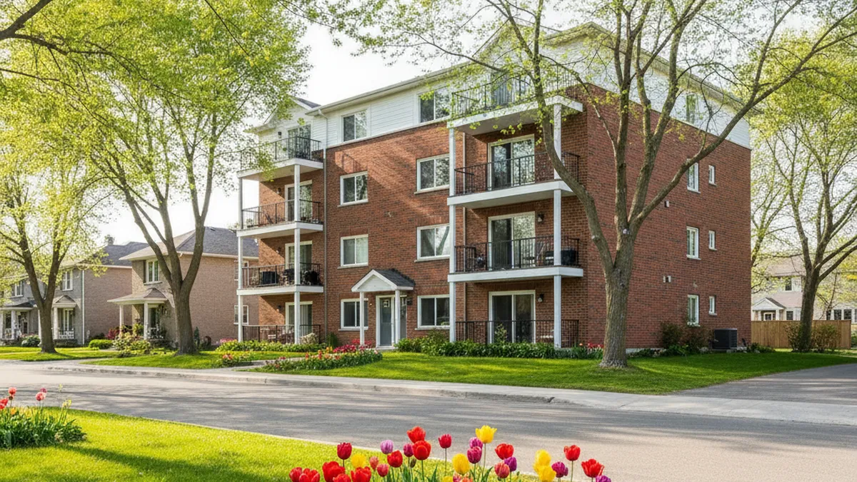 Quebec multiplex in spring with budding trees illustrating the best season to sell a plex