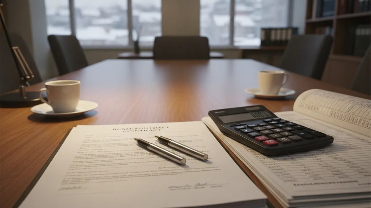 Negotiation table with purchase contract, pen, and financial documents for the sale of a plex on the North Shore