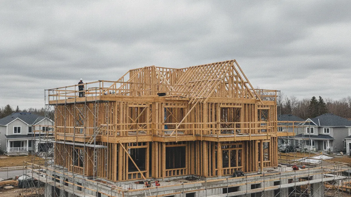 Chantier d'un multilogement où interviennent un maître électricien et d'autres corps de métier au Québec