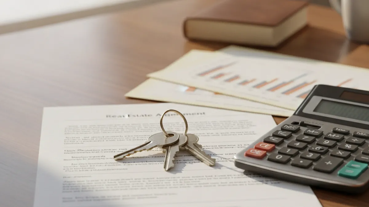 Notary office with income property deed of sale, calculator and keys in Mirabel
