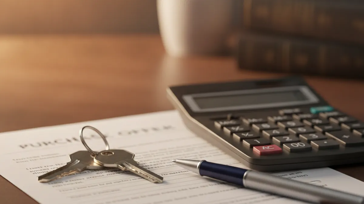 Notary's office with a written purchase offer, keys and calculator to compare the net price of an income property in Quebec