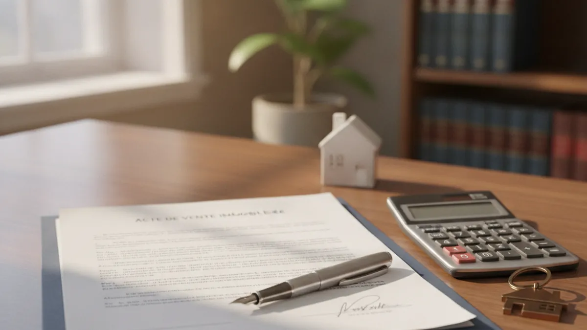 Notary office with asset-sharing documents and keys to an income property during a separation in Québec