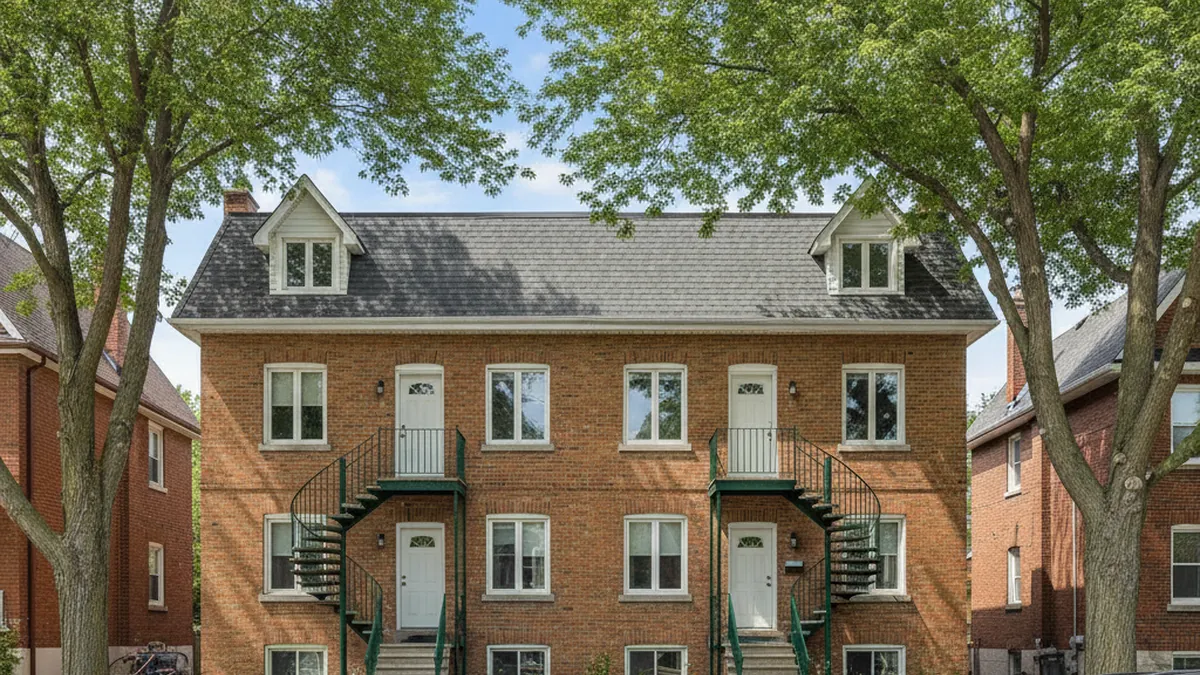 Façade d'un plex multilogement en brique sur la Rive-Nord de Montréal par une journée ensoleillée au Québec