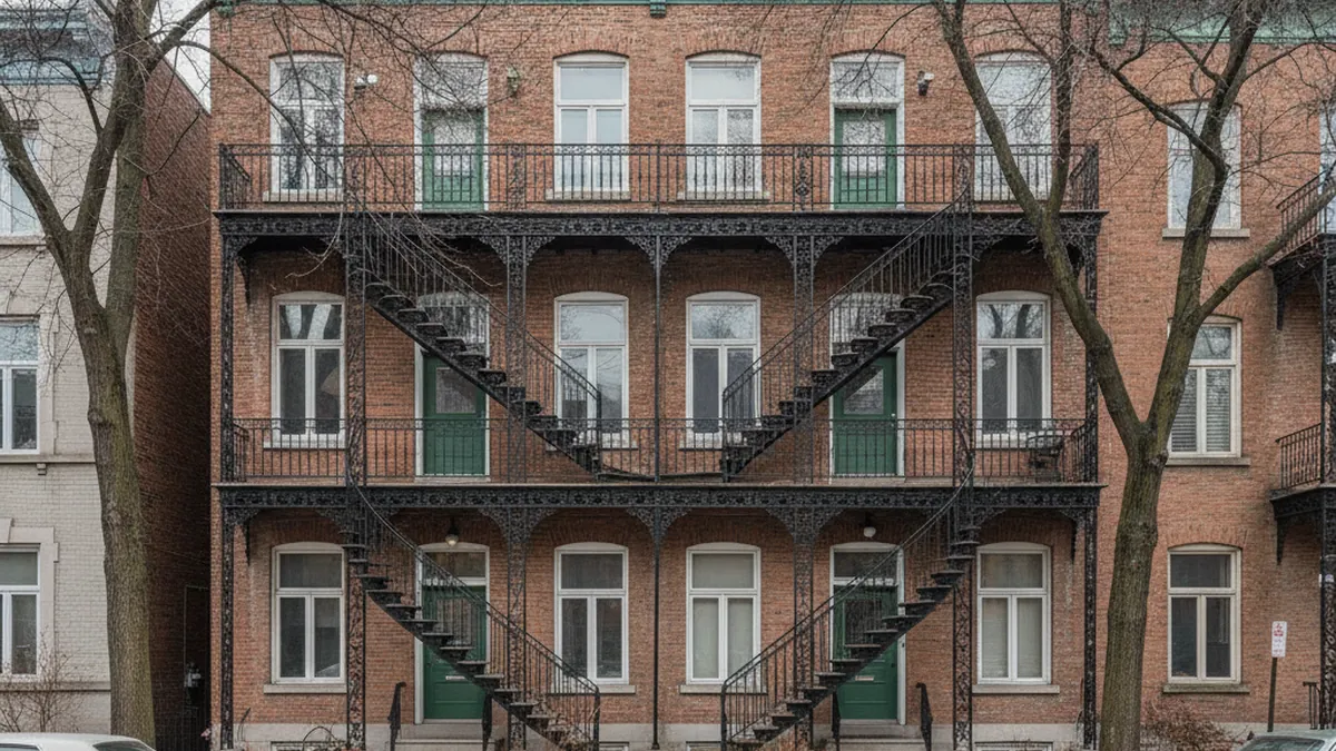 Typical Quebec plex brick facade with exterior spiral staircases, a multi-unit housing model unique to Quebec