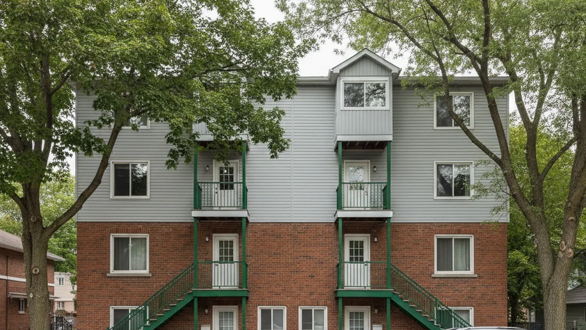 Brick triplex in a residential neighbourhood of Laval near the Orange Line metro