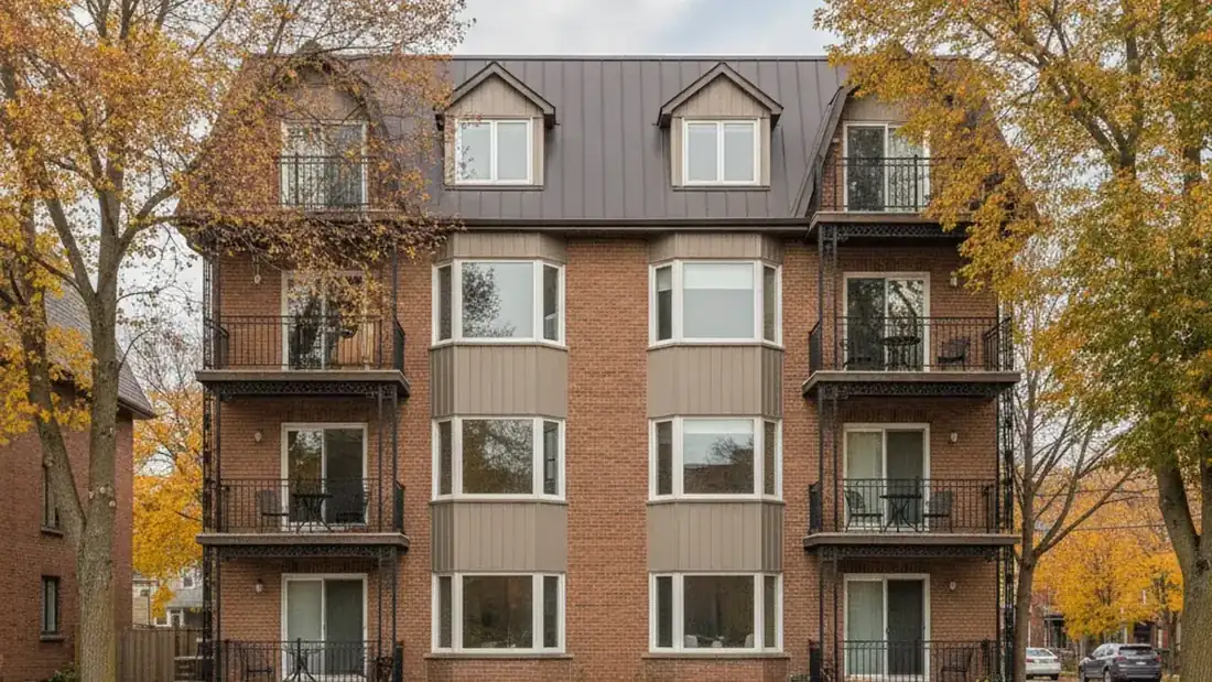 Facade of a brick multiplex on Quebec's North Shore that is part of an estate