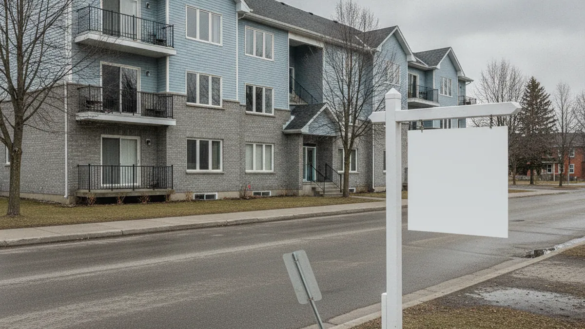 Real estate sign in front of a building illustrating the sales decline in Québec