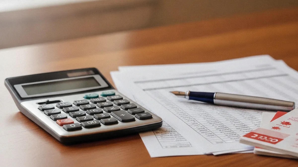 Financial calculator and yield documents on a desk for assessing the economic value of a Quebec plex