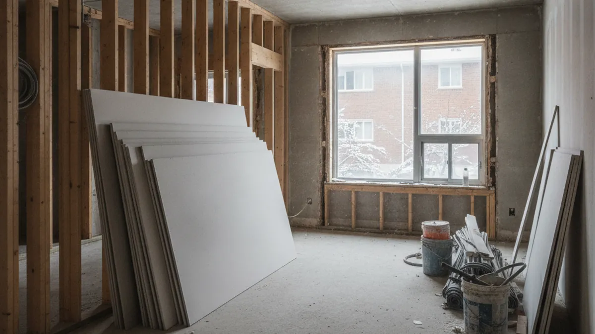 Intérieur d'un logement de plex en rénovation majeure avec murs mis à nu et matériaux de construction sur la Rive-Nord du Québec