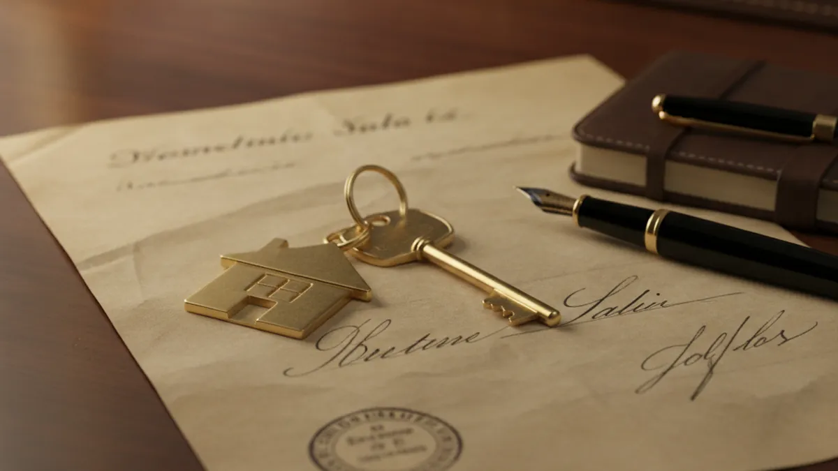 Clés de propriété et acte de vente notarié sur un bureau symbolisant la vente directe d'un plex sans courtier