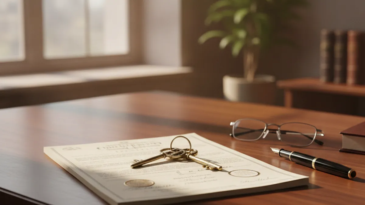 Acte de vente d'un immeuble à revenus et clés sur le bureau d'un notaire à Rosemère