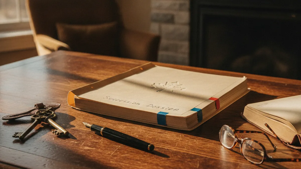 Notary's office with estate documents and keys to an inherited income property in Quebec