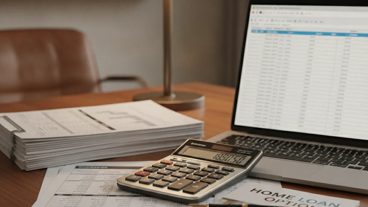 Bureau de financement bancaire avec calculatrice, états financiers et documents hypothécaires pour évaluer le TGA d'un immeuble à revenus