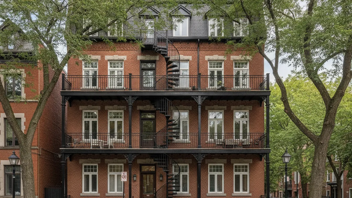 Red brick Montreal triplex with spiral exterior staircase in a central neighbourhood