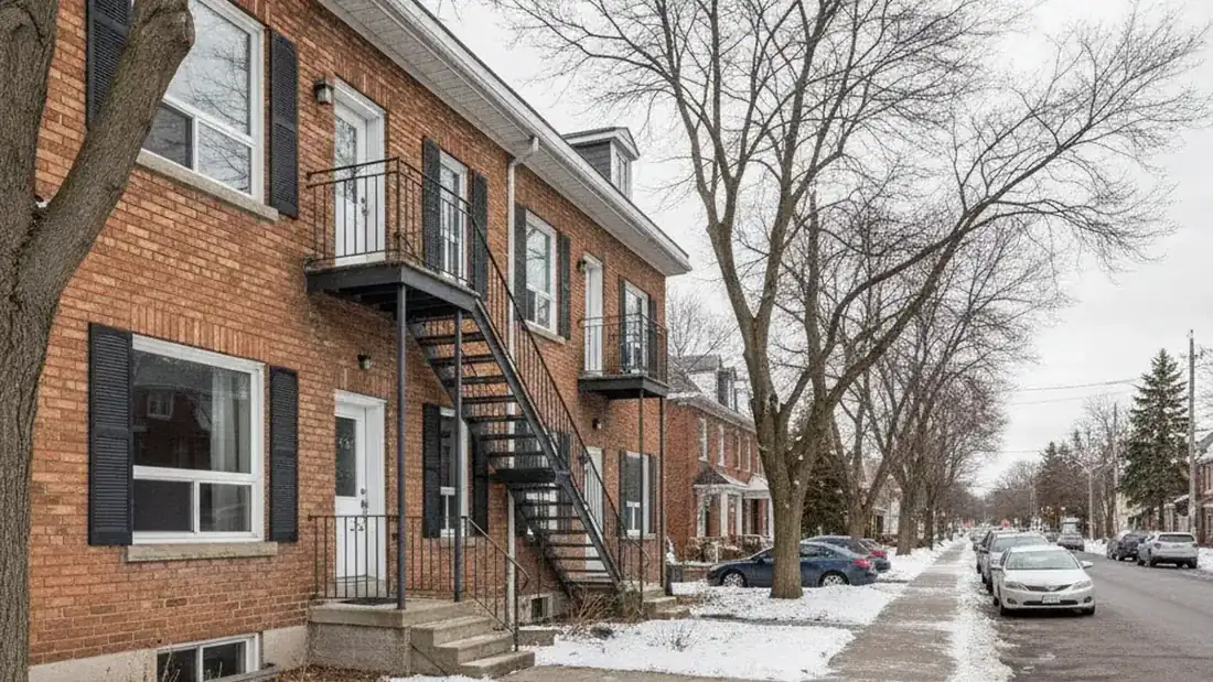 Facade of a brick triplex in Terrebonne on the North Shore, an example of an income property with deferred maintenance for sale