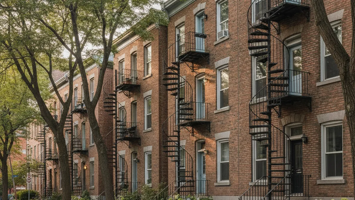 Row of Montréal brick plexes with spiral exterior staircases, typical duplex and triplex in a residential neighbourhood