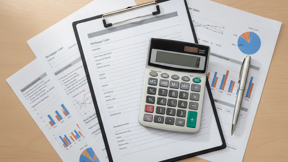 Financial calculator, mortgage loan documents, and charts for bank financing of a multiplex/income property