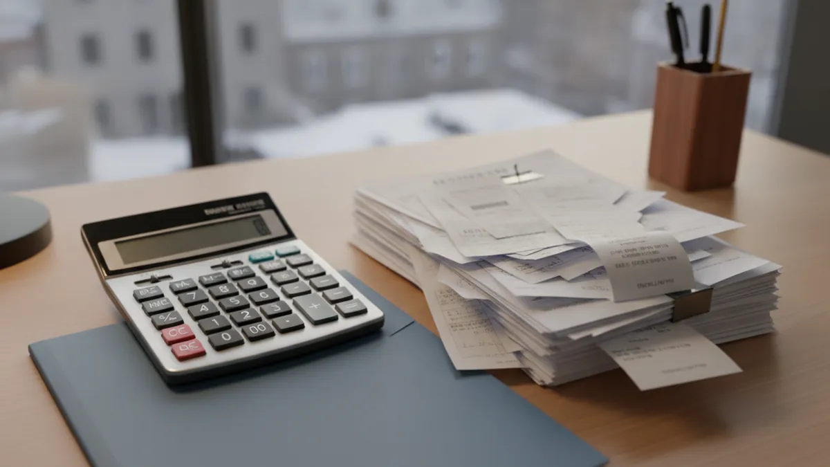 Bureau de comptable avec calculatrice, factures et reçus de rénovation pour valider une demande de remboursement TPS TVQ au Québec