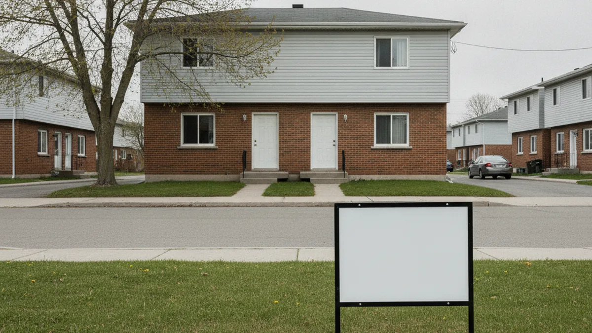 For-sale sign in front of a multiplex listed publicly for sale without a broker on the North Shore