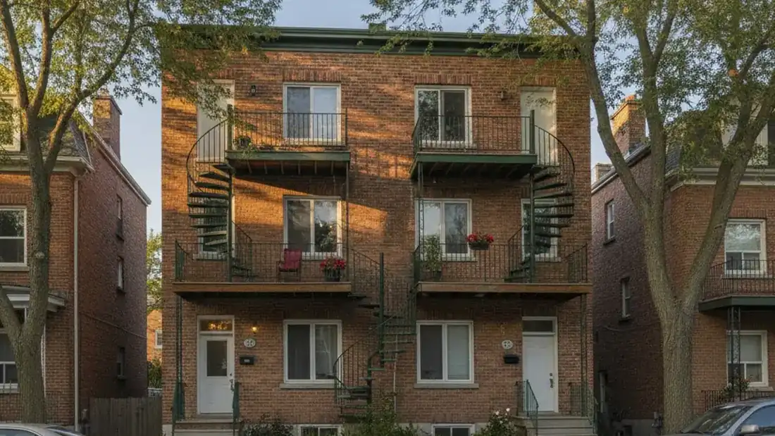 Façade d'un immeuble multilogement en brique sur la Rive-Nord du Québec représentant les canaux de vente possibles