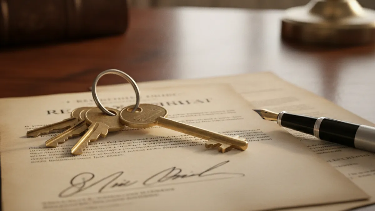 Plex keys placed on a notarial deed and sale contract, symbolizing a fast direct sale without a broker