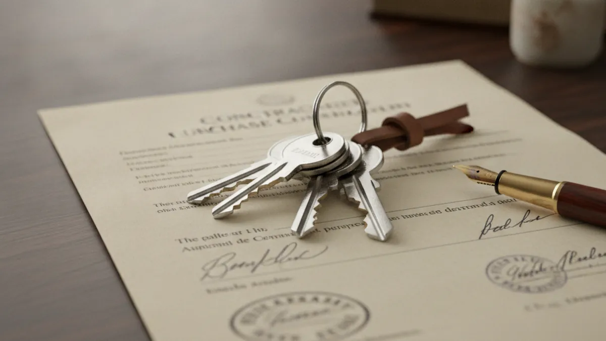 Unit keys placed on a direct plex sale contract at the notary on the North Shore of Quebec