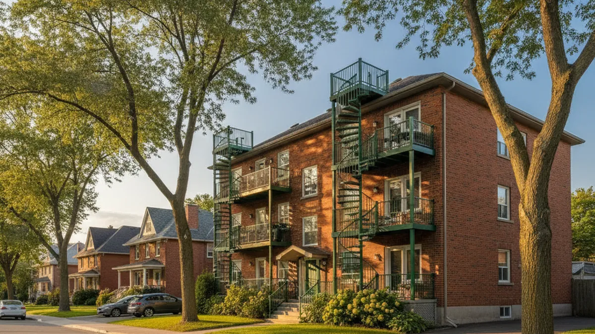Facade of a brick multi-unit plex on the North Shore of Quebec sold directly to a buyer with no conditions