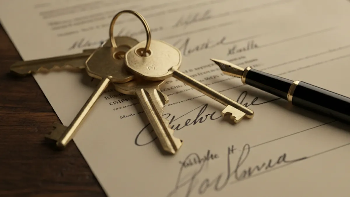 Property keys placed on a sale document and notary's desk for the direct sale of a plex on the North Shore