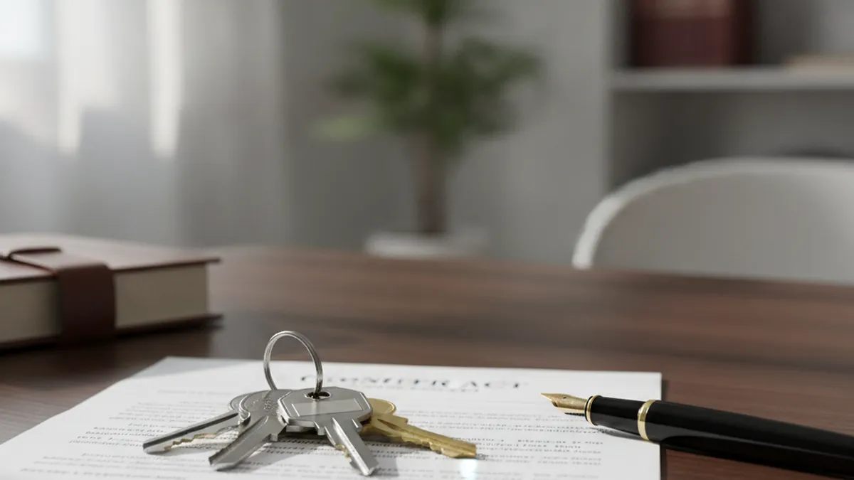 Keys and sale deed on a notary's desk for the fast sale of a property as-is needing renovation