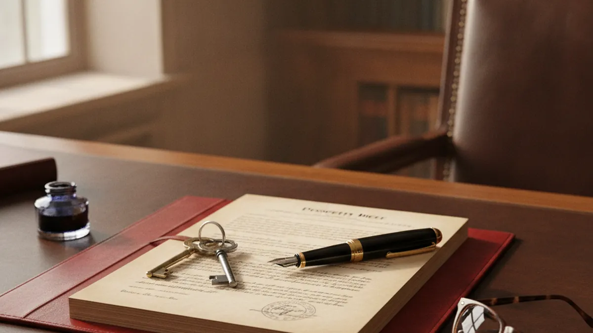 Notary office with deed of sale, keys and pen for the sale of a triplex without a broker